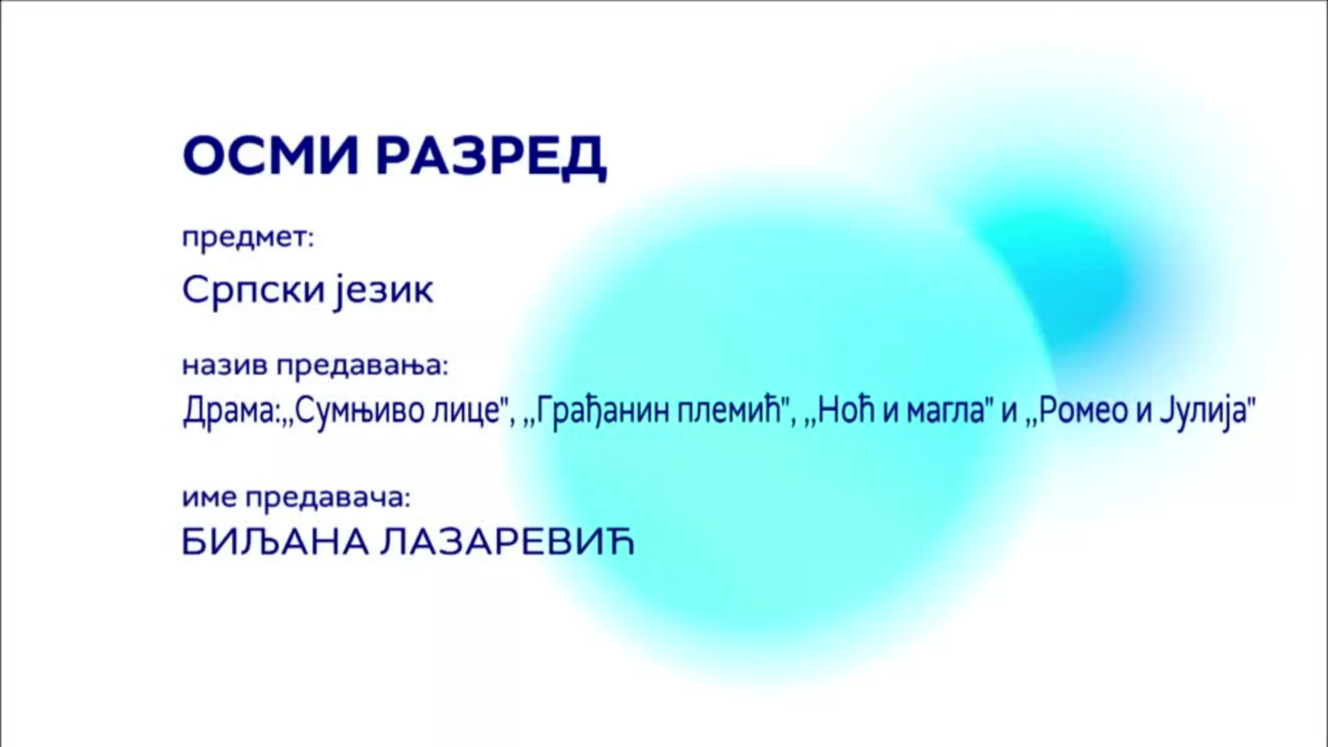 ОШ8 – Српски језик: Драма – Сумњиво лице, Грађанин племић, Ноћ и магла, Ромео и Јулија