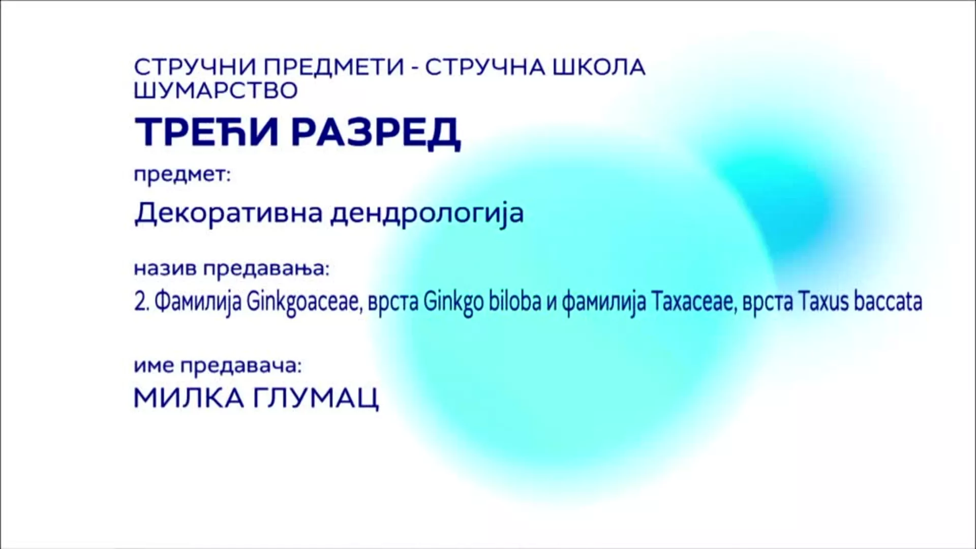 СШ3 – Декоративна дендрологија, 2. час: Фалимија Ginkgo aceae, врста Ginkgo biloba и фамилија Taxaceae, врста Taxus baccata