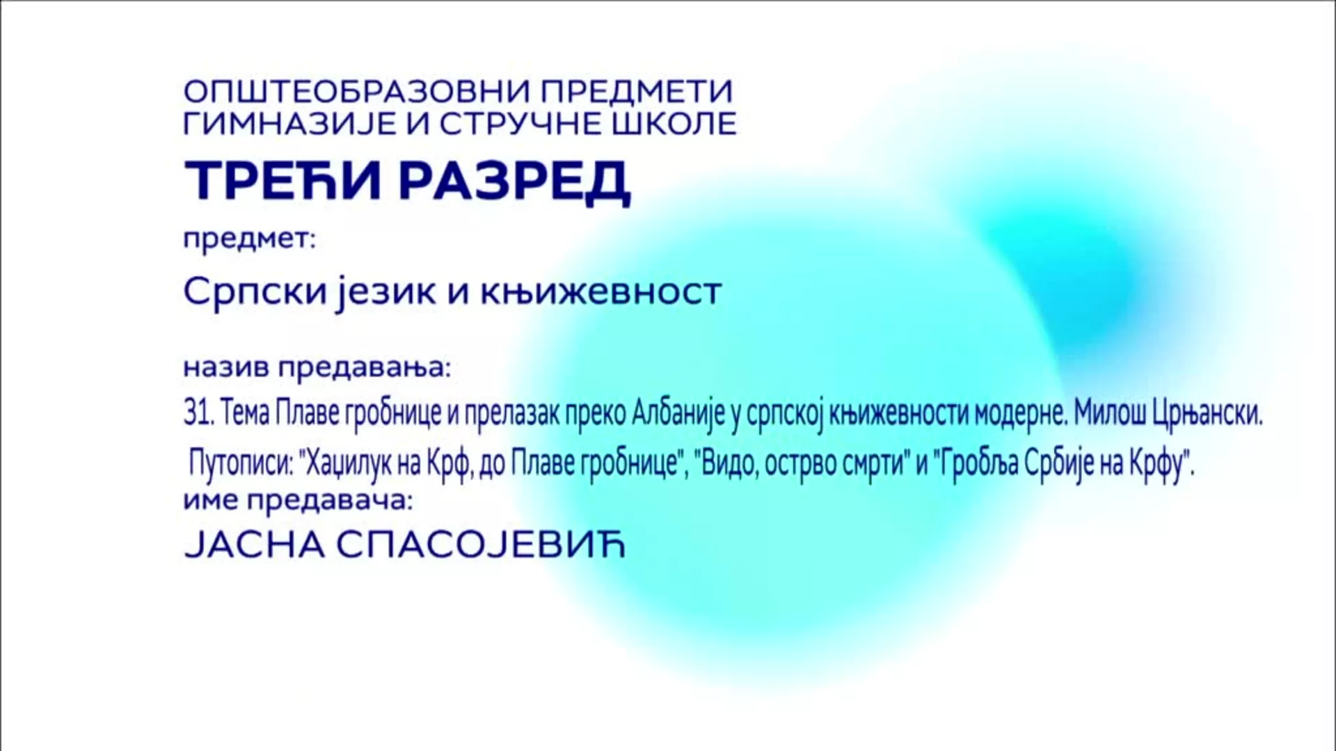 СШ3 – Српски језик и књижевност, 31. час: Тема Плаве гробнице и прелазак преко Албаније у српској књижевности модерне