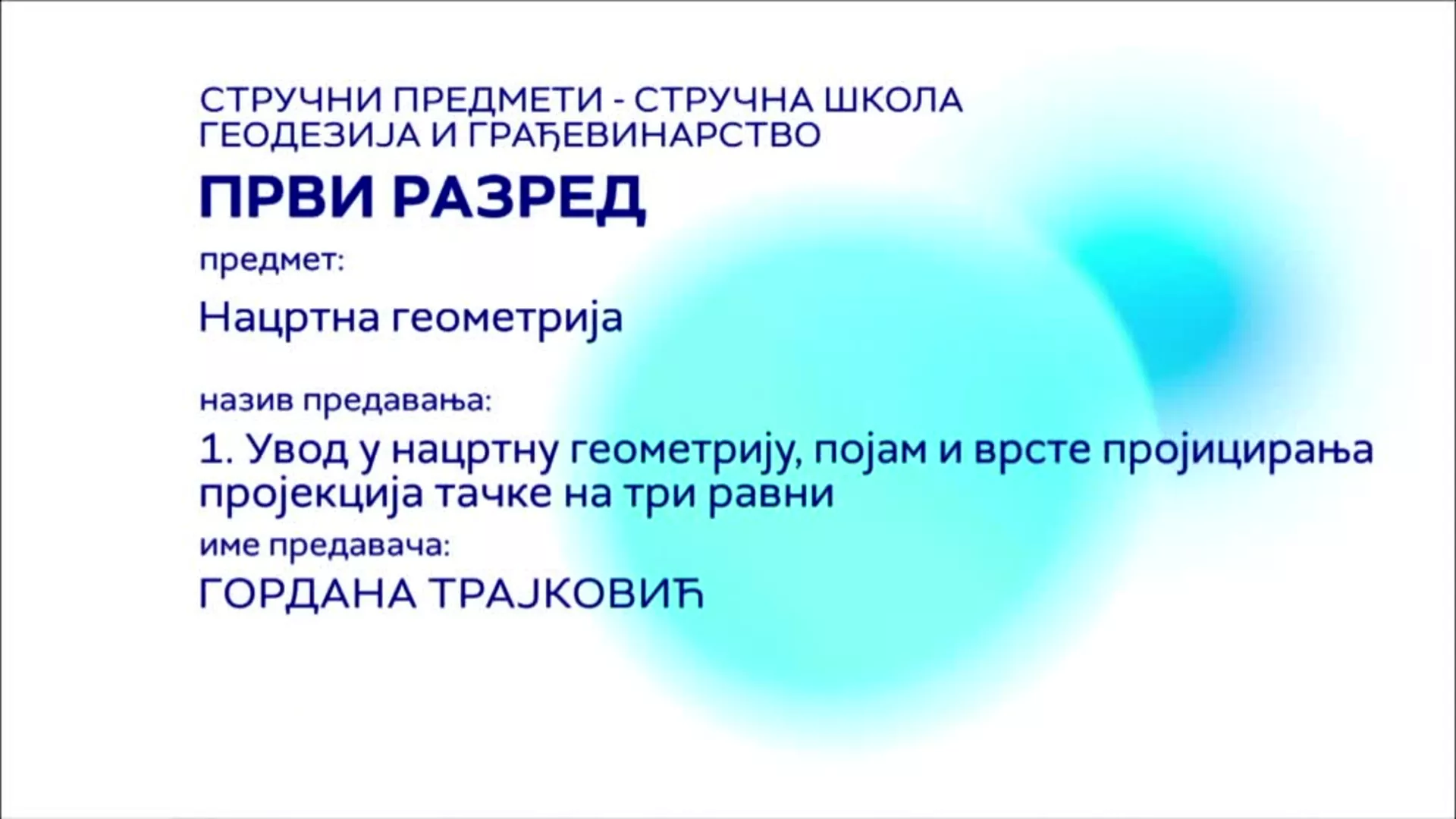 СШ1 – Нацртна геометрија, 1. час: Увод у нацртну геометрију, појам и врсте пројицирања пројекција тачке на три равни