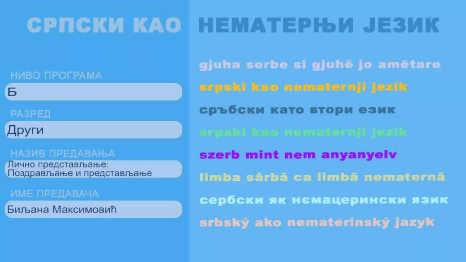 ОШ2 – Српски као нематерњи језик, 1. час: Лично представљање; Поздрављање и представљање