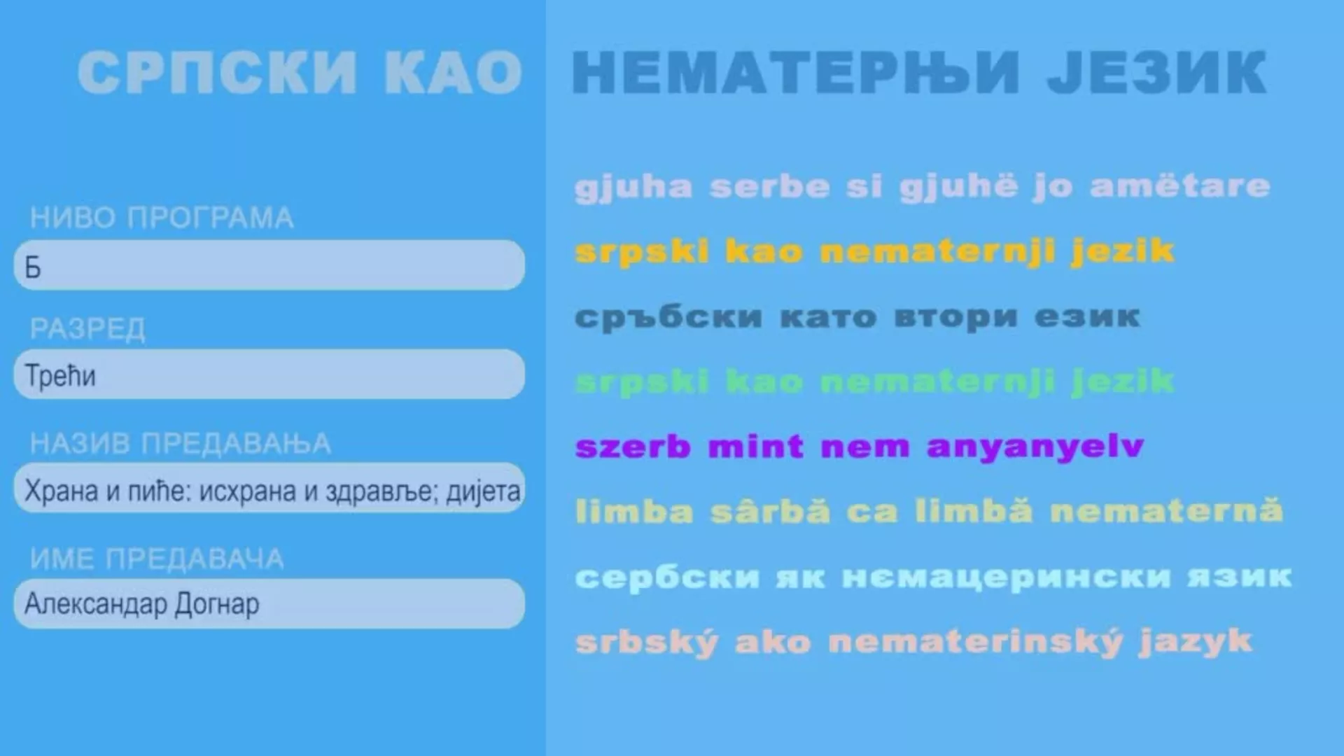 СШ3 – Српски као нематерњи језик, 11. час: Храна и пиће: исхрана и здравље; дијете