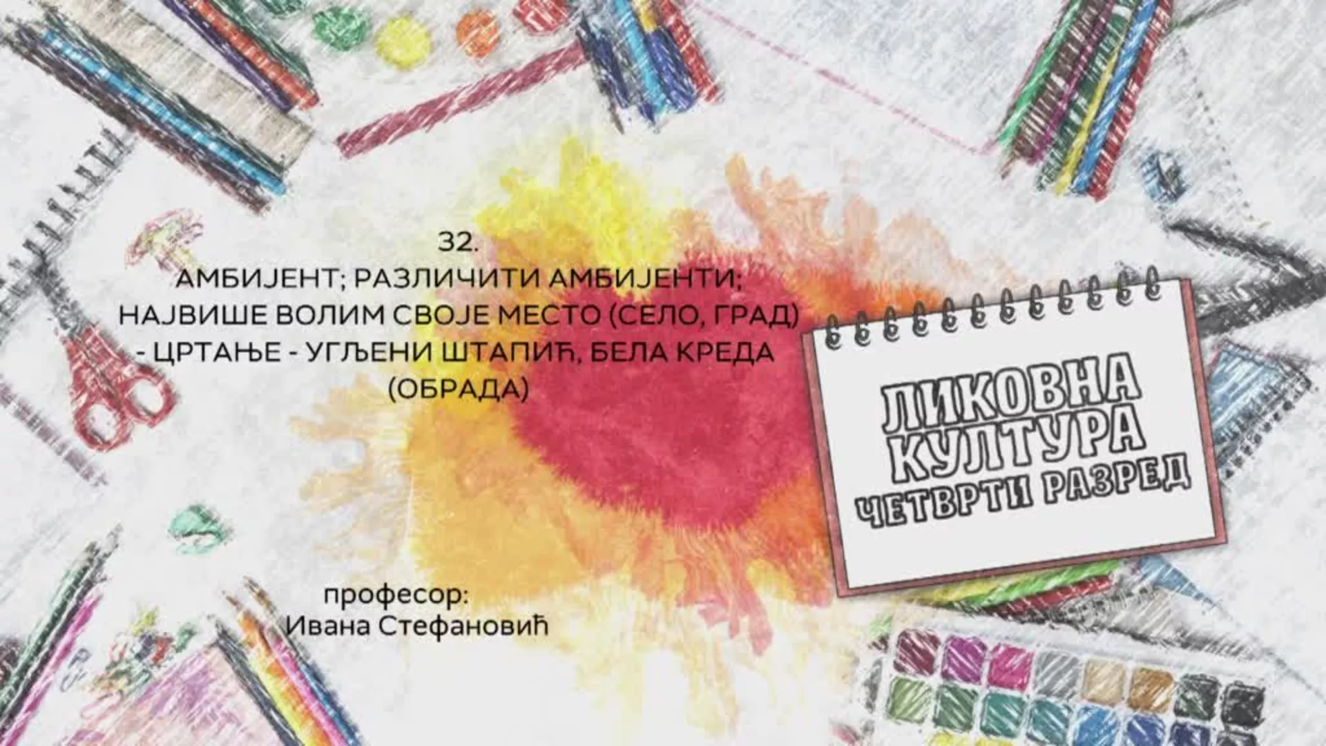 ОШ4 – Ликовна култура, 32. час: Амбијент;различити амбијенти;Највише волим своје место (село, град), цртање-угљени штапић...