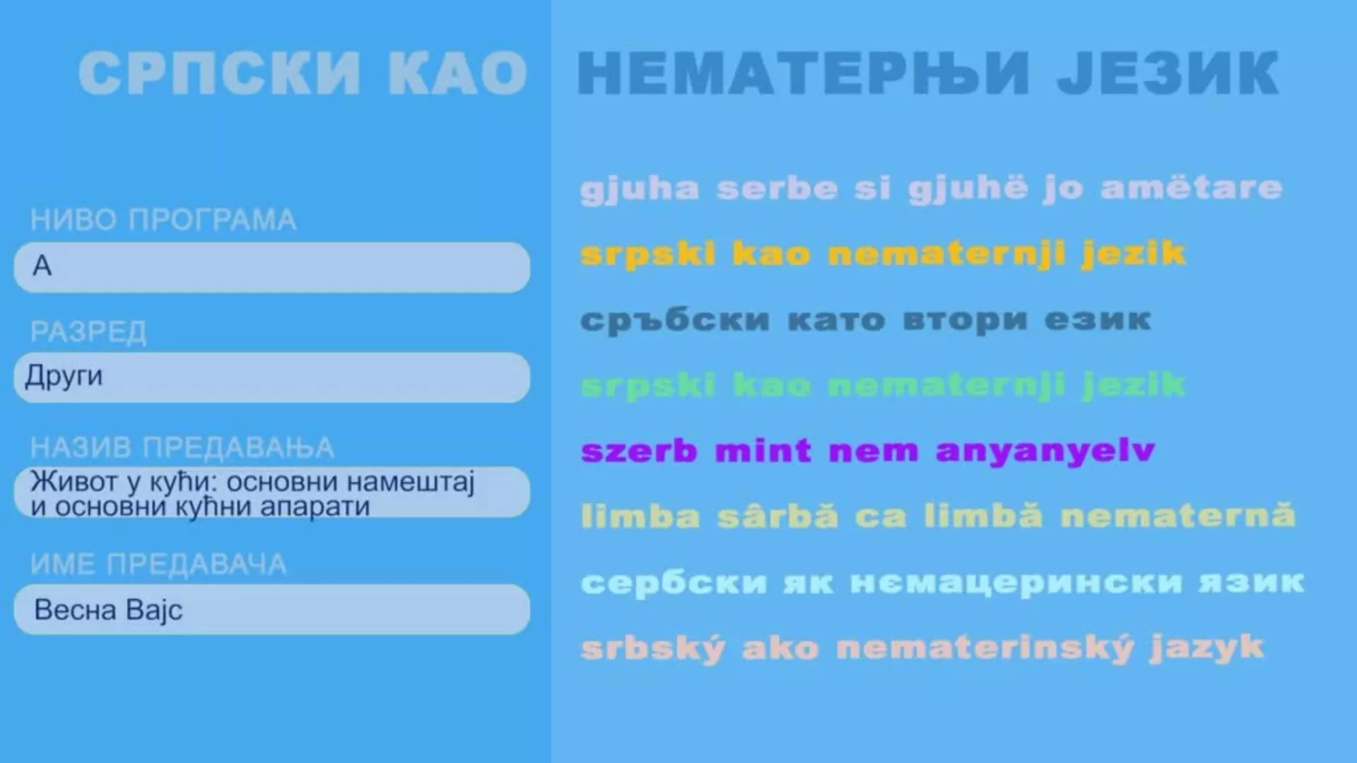 OŠ2 – Srpski kao nematernji jezik, 8. čas: Život u kući: osnovni nameštaj i osnovni kućni aparati