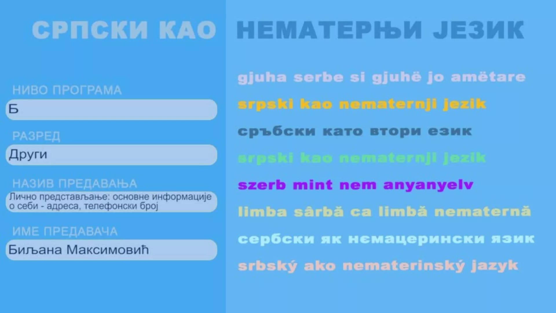 OŠ2 – Srpski kao nematernji jezik, 2. čas: Lično predstavljanje: osnovne informacije o sebi – adresa, telefonski broj