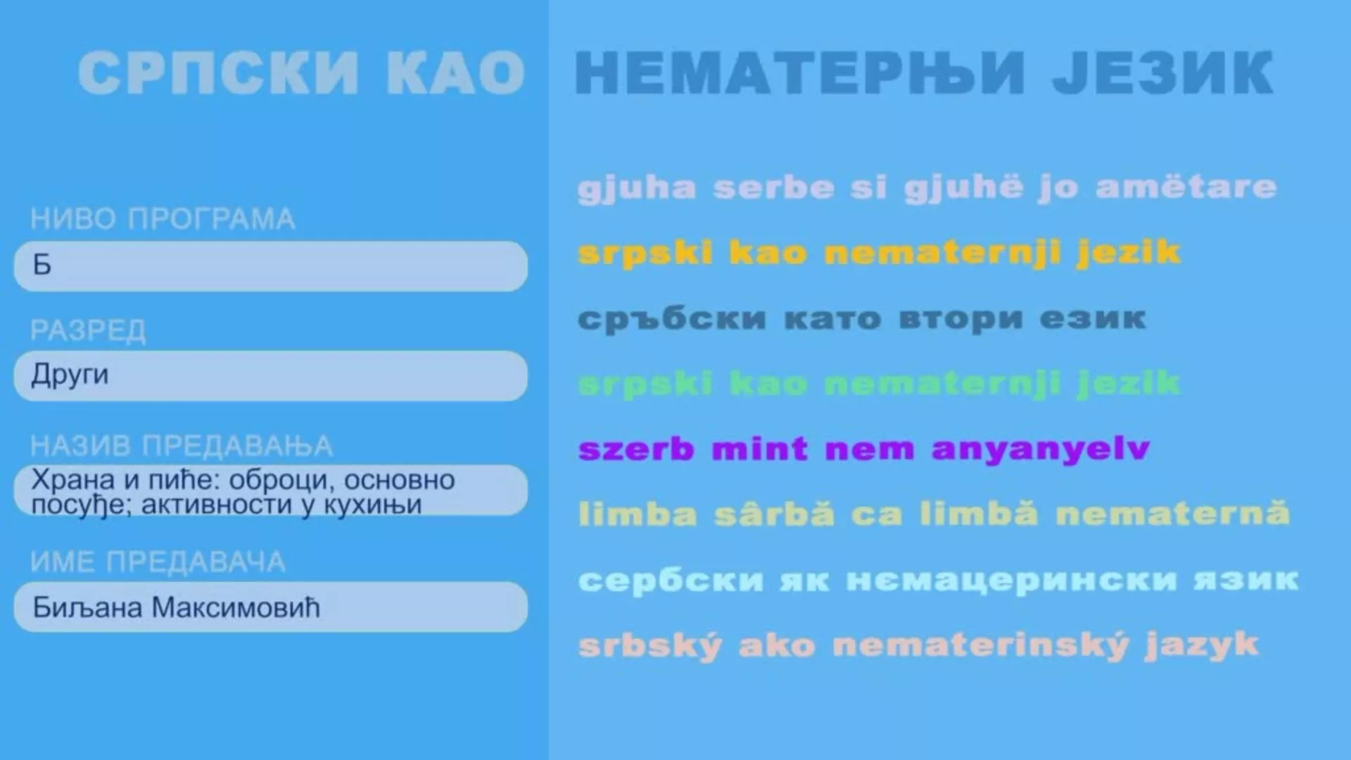 OŠ2 – Srpski kao nematernji jezik, 9. čas: Hrana i piće: obroci, osnovno posuđe; aktivnosti u kuhinji